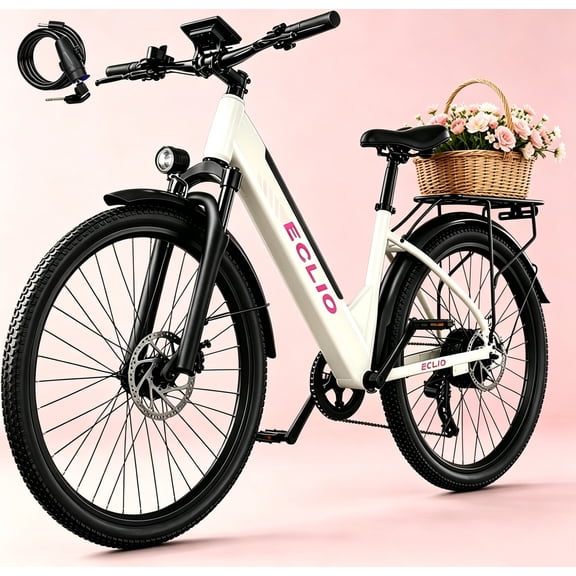 26 inch Adult Electric Bike, 750W Peak Commuter Ebike,Step-thru Electric Commuter Bike for Woman, Electric Mountain Bike 50 Mile Range, 20 mph, 7-Speed,UL2849 - White