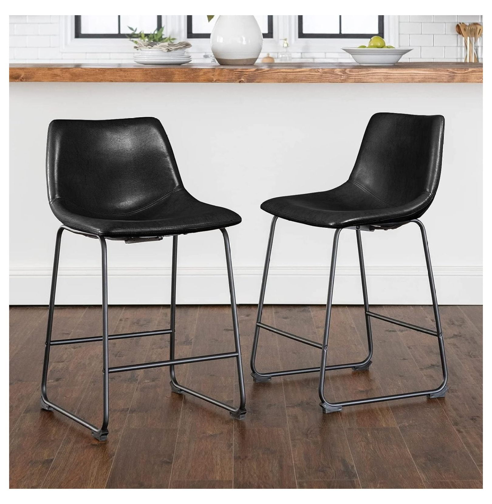Black Faux Leather and Metal Counter Height Bar Stools, Set of 2