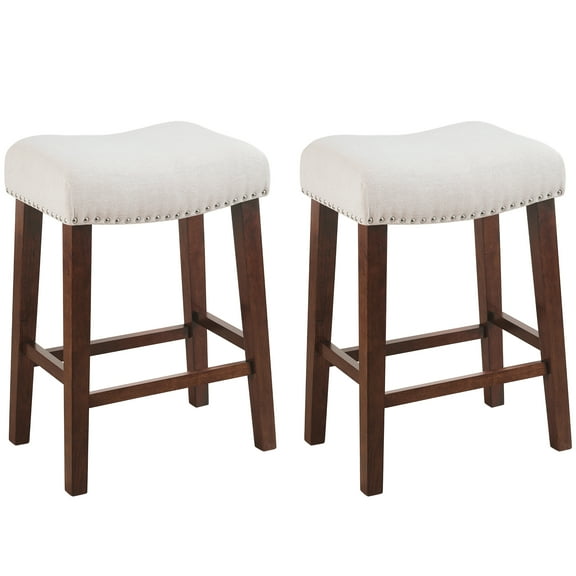 26 inch Bar Stools Set of 2 Linen Counter Height Kitchen Stools Curved Backless Saddle Barstools for Kitchen Island, Beige