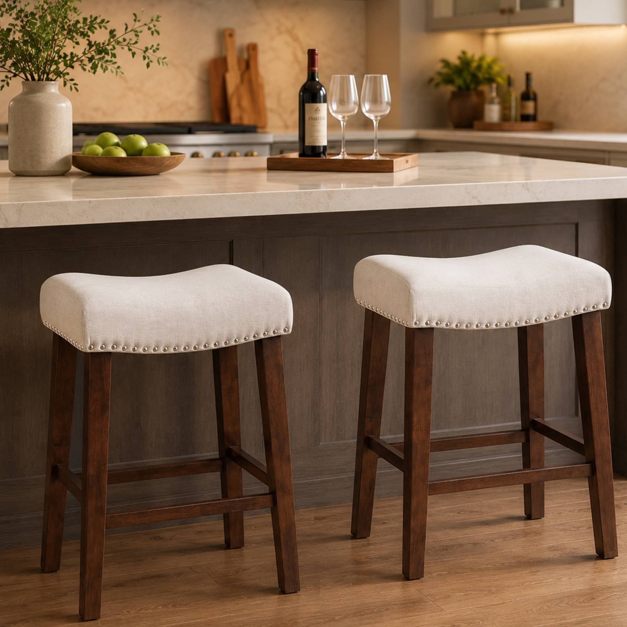 26 inch Bar Stools Set of 2 Linen Counter Height Kitchen Stools Curved Backless Saddle Barstools for Kitchen Island, Beige