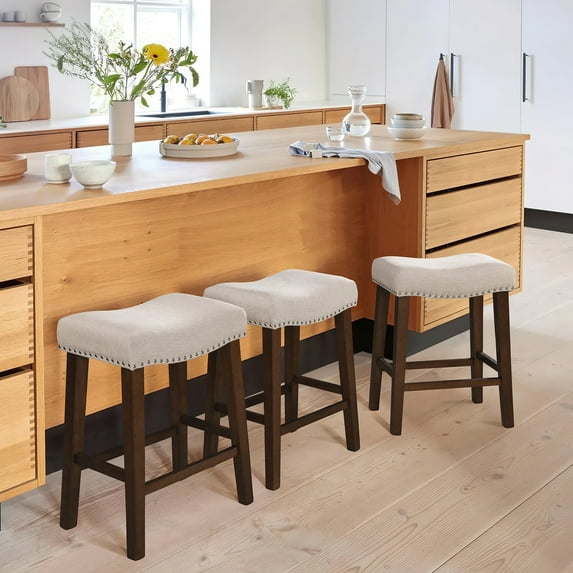 26 inch Bar Stools Set of 3 Linen Counter Height Kitchen Stools Curved Backless Saddle Barstools for Kitchen Island, Beige