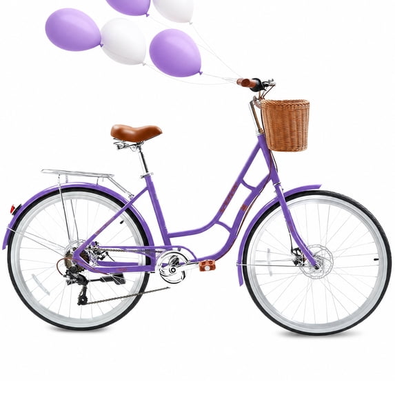 26 inch Beach Cruiser Bike for Women, Akaber 7 Speed Womens Commuter Bicycle with Rattan Basket, Lightweight Adults Bikes, Purple