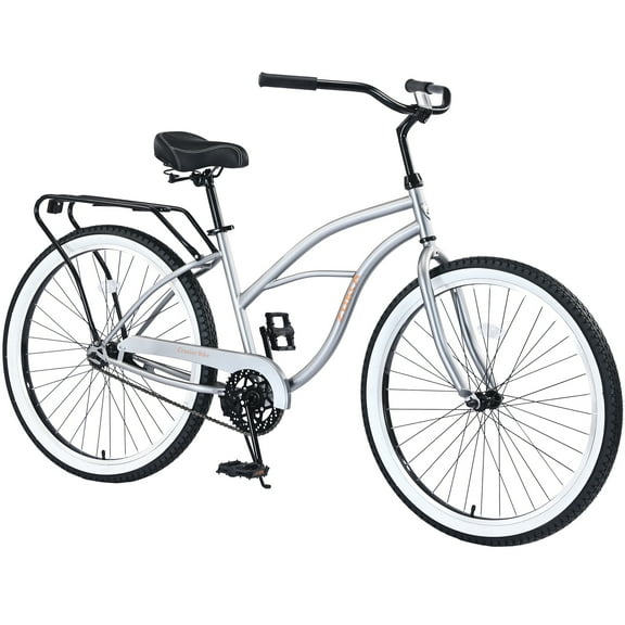 26 inch Bike for Adults, Beach Cruiser Bike for Women Men, Single Speed Cruiser Bicycle with Dual Brakes, City Bike, Commuter Bike, 85% Assembled, Silver