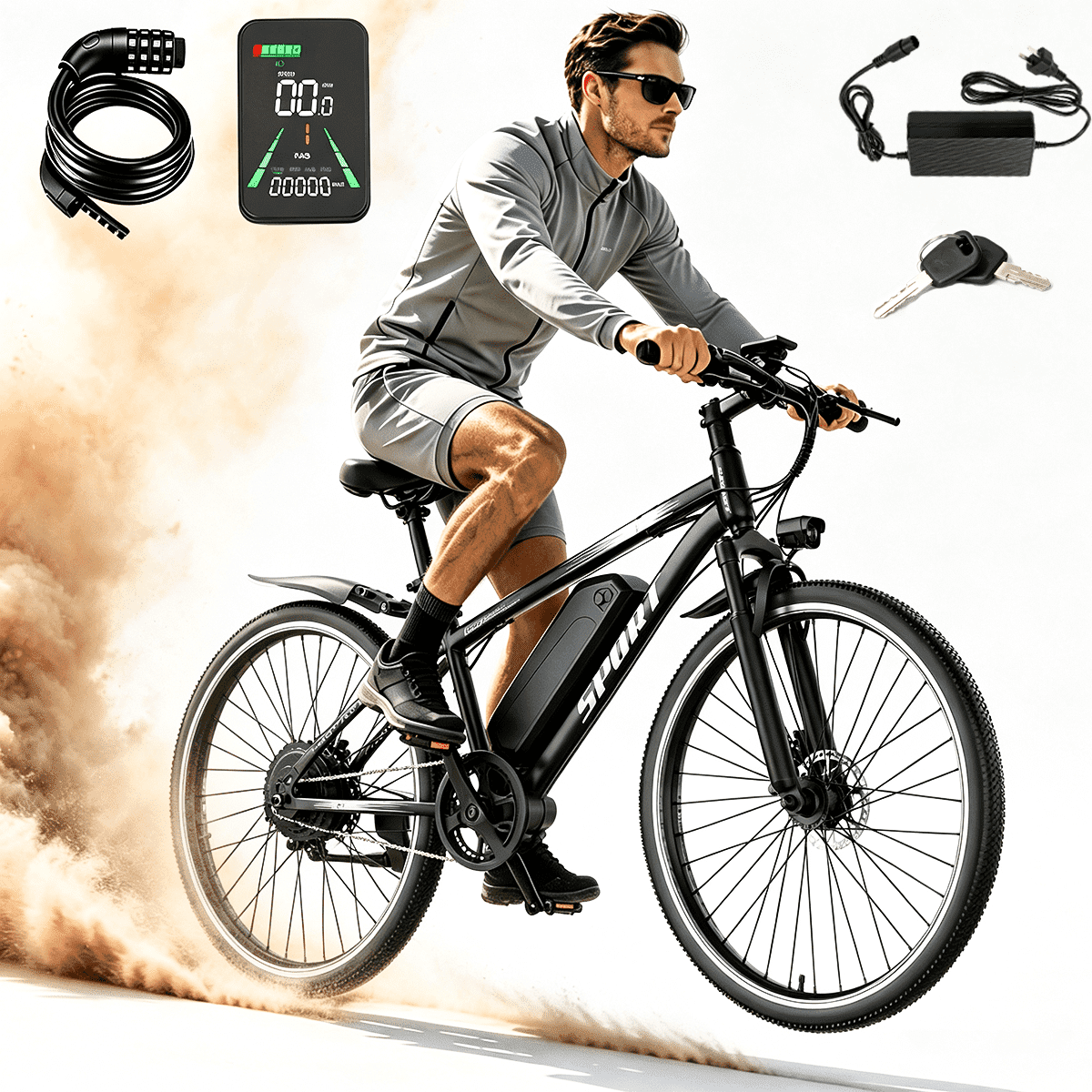 26-inch Black electric mountain bike, 749W motor, 48V 10Ah battery, carbon steel frame, adult-sized 26-inch electric commuter bike