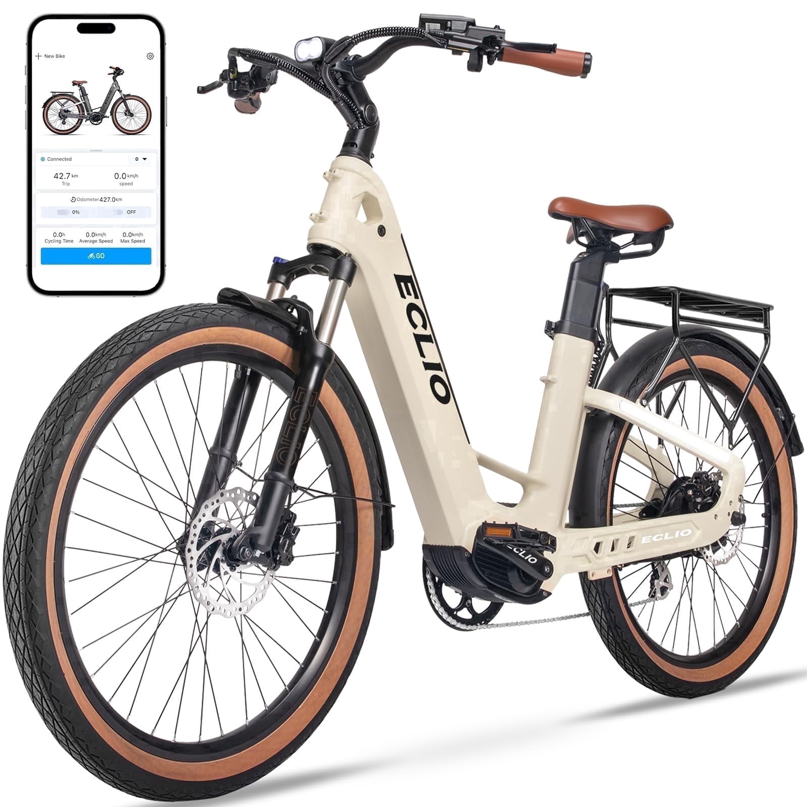 26" Carbon Fiber Electric Bike for Adults, 750W Motor 24MPH Lightweight Commuter E-Bike, 48V Dual Battery 128 Miles Long Range, 13+ Adult Electric Bicycle - Beige