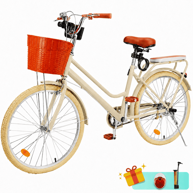 26 inch Commuter Bicycle for Adult Men and Women,High-Carbon Steel Beach Cruiser Bike/Front&Rear Fenders, Comfortable City Bikes with Basket and Rear Rack