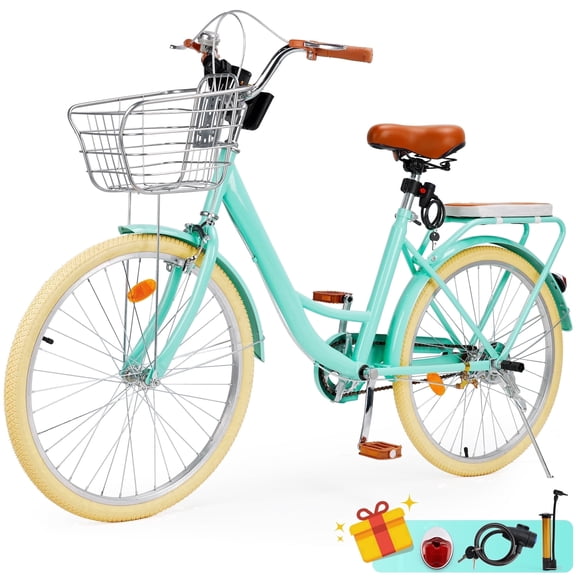 26 inch Commuter Bicycle for Adult Men and Women, Comfortable City Bikes with Rear Rack and Basket, Green