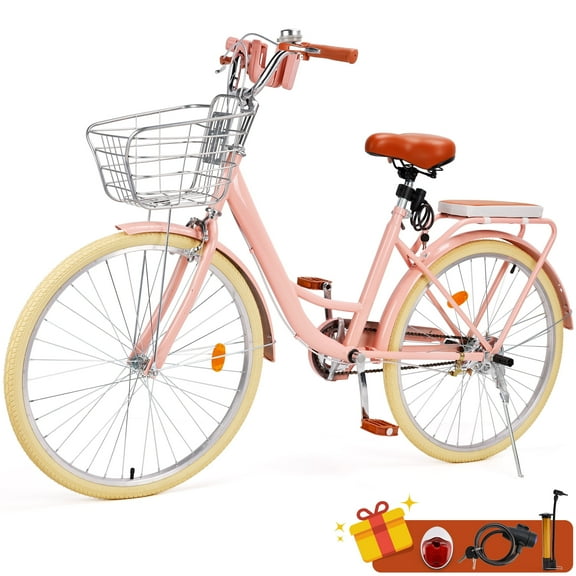 26 inch Commuter Bicycle for Adult Men and Women, Comfortable City Bikes with Rear Rack and Basket, Pink
