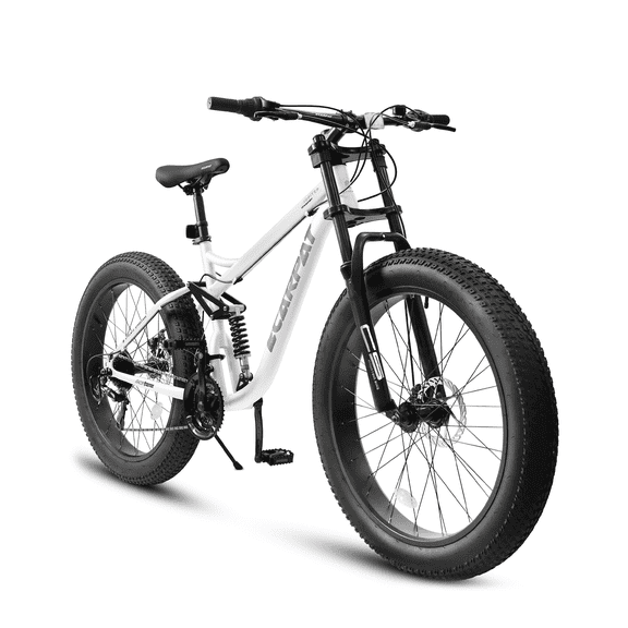 26 inch Fat Tire Mountain Bike for Adult, Full-Suspension MTB Outdoor Cycling Bike with 21-Speed for Men Women, High Carbon Steel Frame, Dual Disc Brake, 4 Inch Wide Tires, Anti-Slip Bikes, White