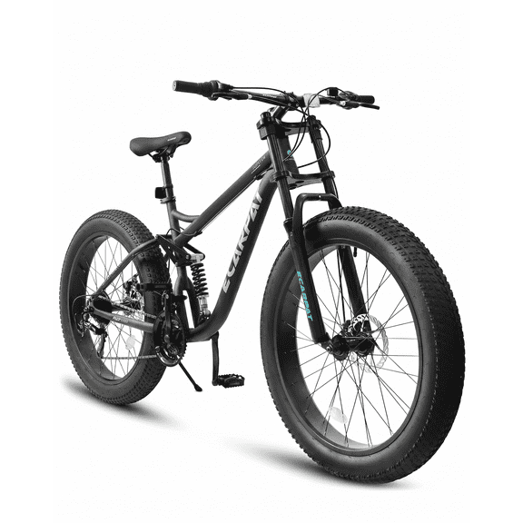 26 inch Fat Tire Mountain Bike for Adult, Full-Suspension MTB Outdoor Cycling Bike with 21-Speed for Men Women, High Carbon Steel Frame, Dual Disc Brake, 4 Inch Wide Tires, Anti-Slip Bikes, Black