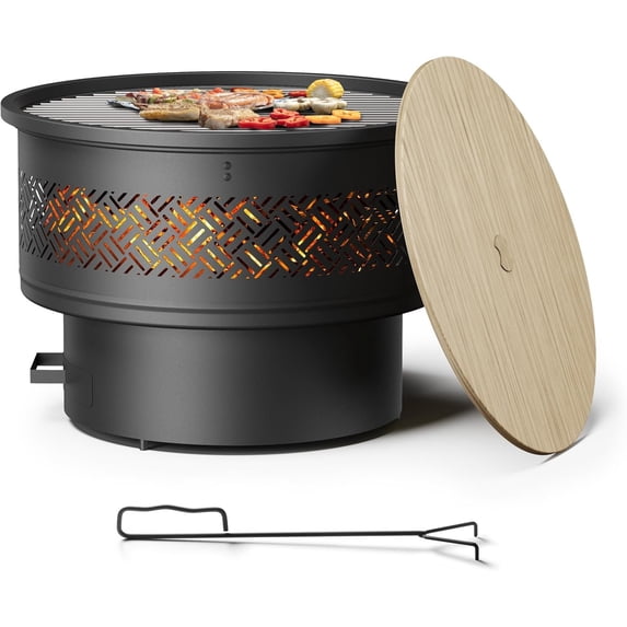 26 inch Fire Pit with Grill & Lid, Firepits for Outside Fire Pit Table with Fire , Multifunctional Outdoor Fire pits for BBQ, Table, Bonfire, Camping, Backyard, Patio, Picnic
