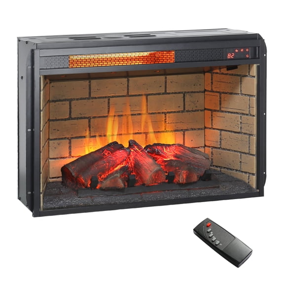 26 inch Infrared Quartz Heater Fireplace Insert with Vintage Brick Design, Antique Black, 27.2L x 8.2W x 18.27H Inches, Realistic Logs & Adjustable Flame