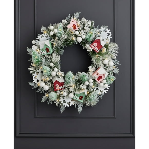 26 inch Snowy Cottage Wreath Pre-Lit with 50 LED Fairy Lights, Artificial Flocked Greenery with Christmas Cottages, Battery-Operated Indoor Home Décor, Front Door Display - by Seasonal LLC