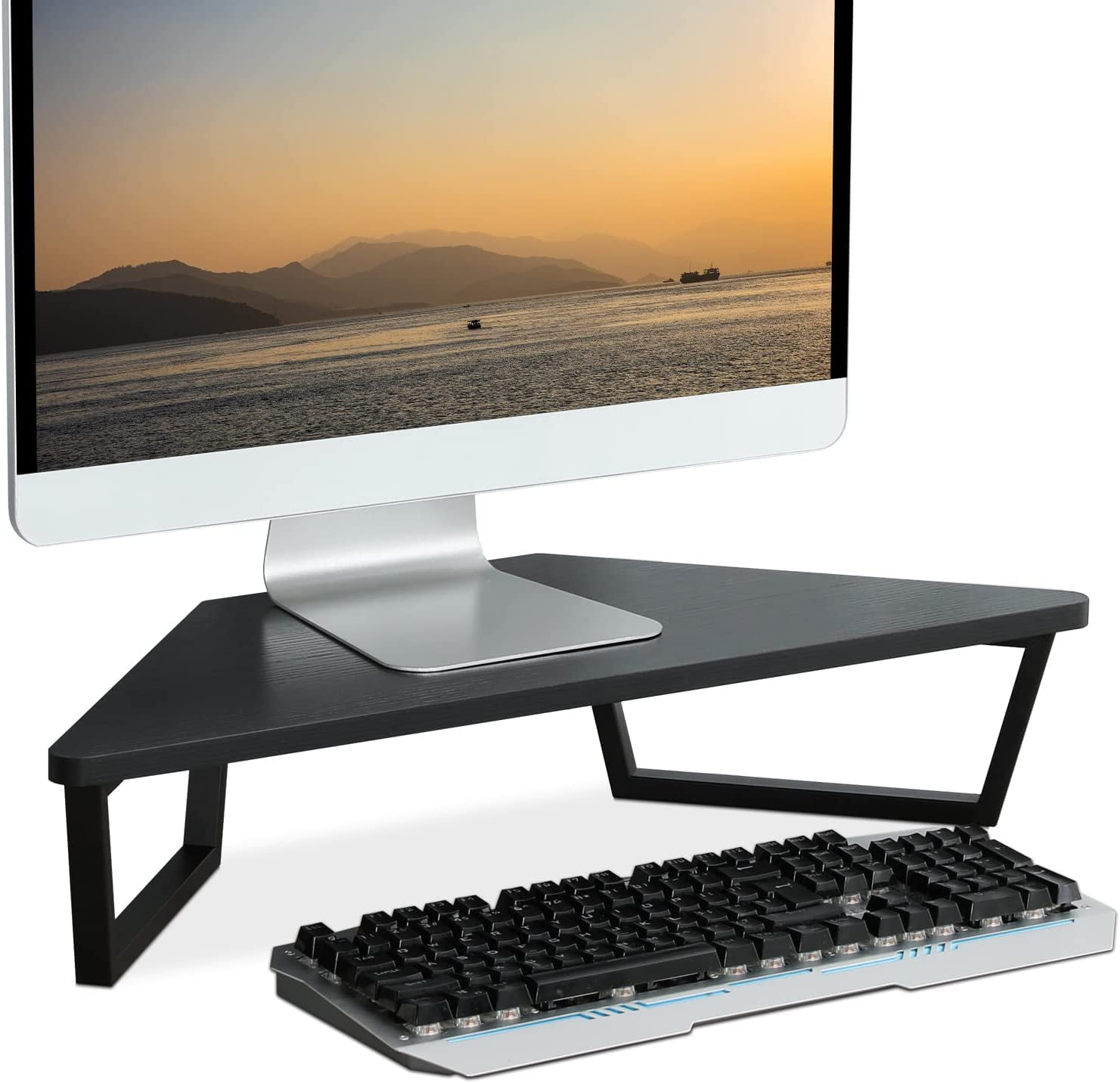 26 inch Triangle Monitor Stand Riser, Desktop Corner Shelf with Metal Leg Wood Computer Stand with Storage Laptop Riser Office Organization