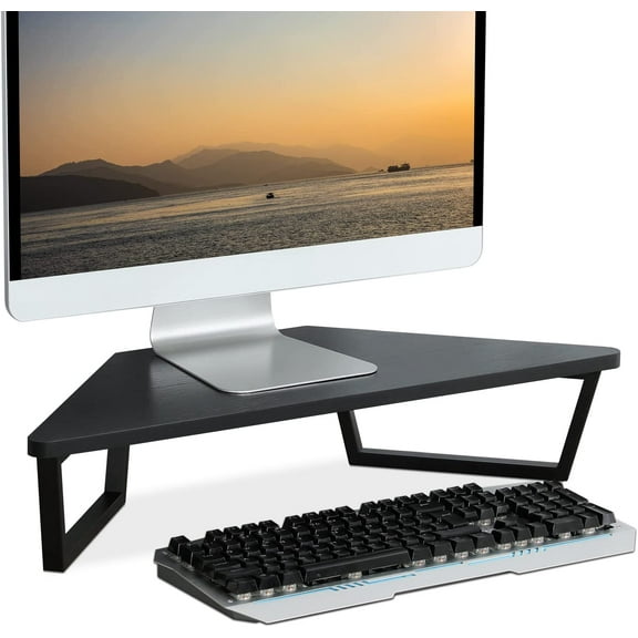 26 inch Triangle Monitor Stand Riser, Desktop Corner Shelf with Metal Leg Wood Computer Stand with Storage Laptop Riser Office Organization