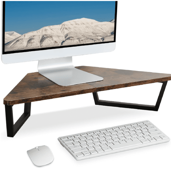 26 inch Triangle Monitor Stand Riser, Desktop Corner Shelf with Metal Leg Wood Computer Stand with Storage Laptop Riser Office Organization