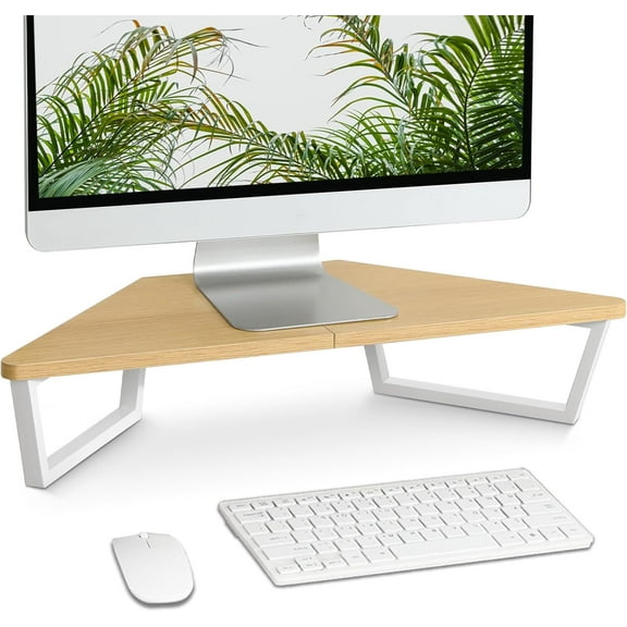 26 inch Triangle Monitor Stand Riser, Desktop Corner Stand with Metal Leg Wood Computer Stand with Storage Laptop Riser Office Organization (Maple)