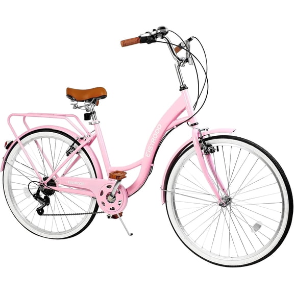 Chantmo 26 inch Women's Beach Cruiser Bike 7 Speed V Brakes Non Slip Tires Adjustable Saddle Lightweight Frame Comfortable Riding Pink