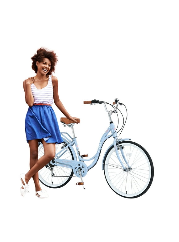 26-inch Women's Comfort Bicycle, Shimano 7 Speed Beach Cruiser Bike for Women, Steel Frame, Sky-blue