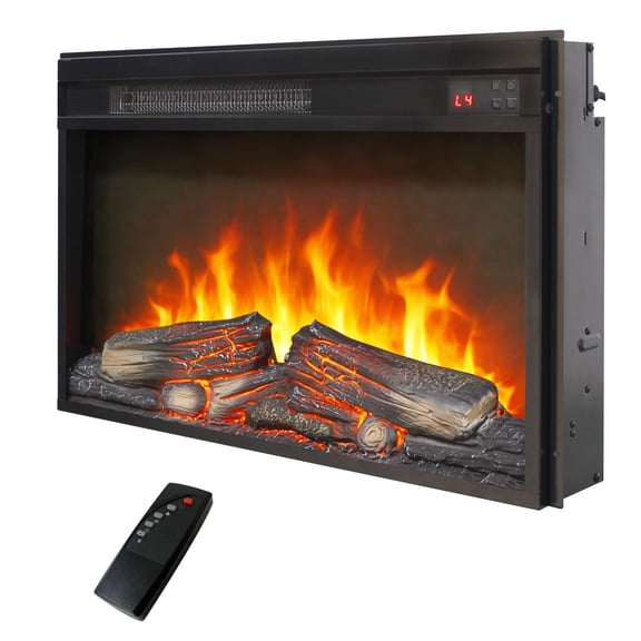 26 inch electric fireplace insert ultra thin heater with log set & realistic flame, remote control with timer for TV stand