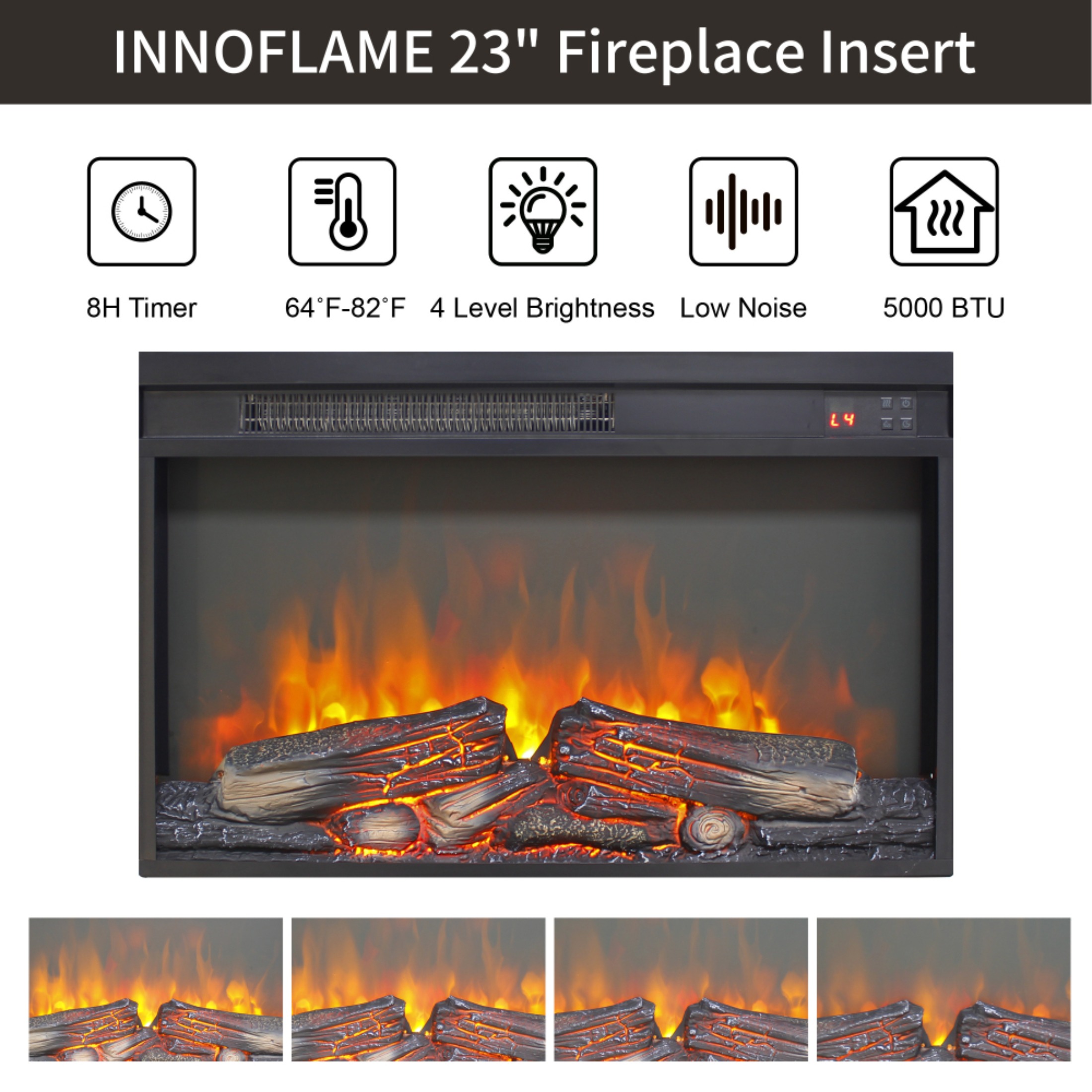 26 inch electric fireplace insert, ultra thin heater with log set & realistic flame, remote control with timer, overheating protection