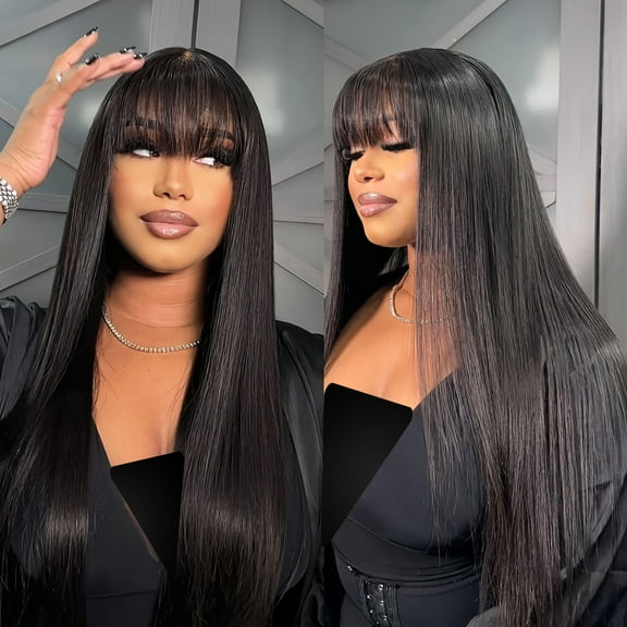 26-inch long straight black wig with bangs - Women's synthetic heat-resistant fiber, perfect for parties, role-playing, daily wear, Mother's Day gift, role-playing wig | Fashion straight hair wig