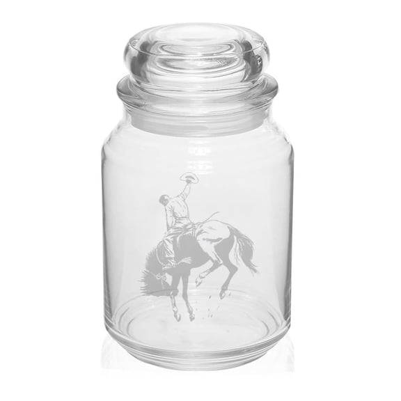 26 oz Glass Candy Jar Apothecary Storage Jar Gift Bronco Buster Rodeo Western Cowboy Horse