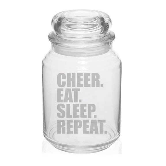 26 oz Glass Candy Jar Apothecary Storage Jar Gift Cheer Eat Sleep Repeat Cheerleader
