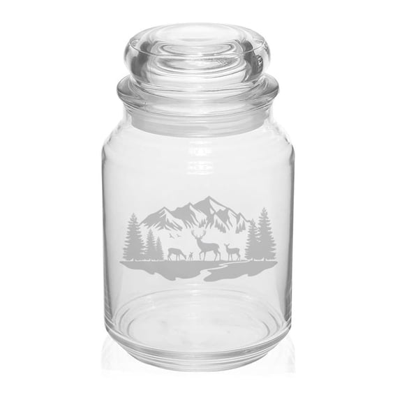 26 oz Glass Candy Jar Apothecary Storage Jar Gift Deer Mountain Forest River Scene
