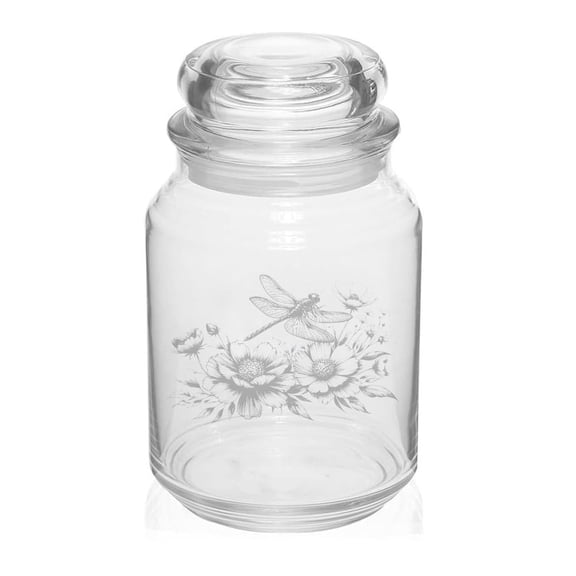 26 oz Glass Candy Jar Apothecary Storage Jar Gift Dragonfly Flower Blooms