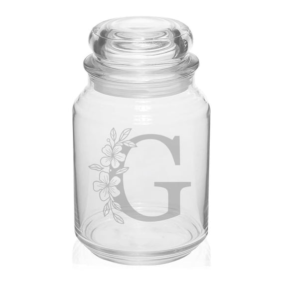 26 oz Glass Candy Jar Apothecary Storage Jar Gift Floral Monogram Letter G