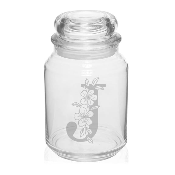 26 oz Glass Candy Jar Apothecary Storage Jar Gift Floral Monogram Letter J