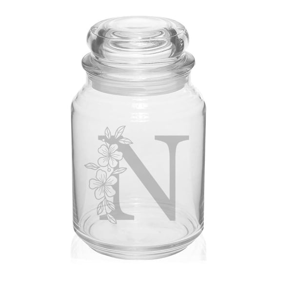 26 oz Glass Candy Jar Apothecary Storage Jar Gift Floral Monogram Letter N