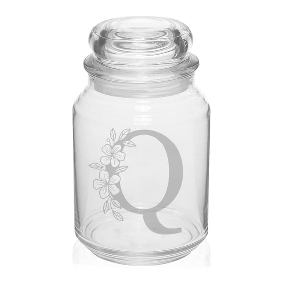 26 oz Glass Candy Jar Apothecary Storage Jar Gift Floral Monogram Letter Q