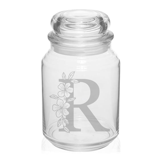26 oz Glass Candy Jar Apothecary Storage Jar Gift Floral Monogram Letter R