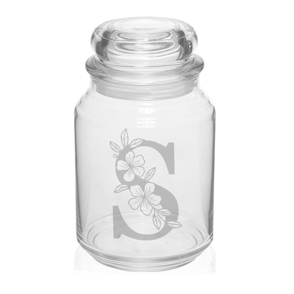 26 oz Glass Candy Jar Apothecary Storage Jar Gift Floral Monogram Letter S
