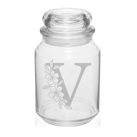 26 oz Glass Candy Jar Apothecary Storage Jar Gift Floral Monogram Letter V
