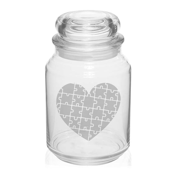 26 oz Glass Candy Jar Apothecary Storage Jar Gift Heart Puzzle Autism