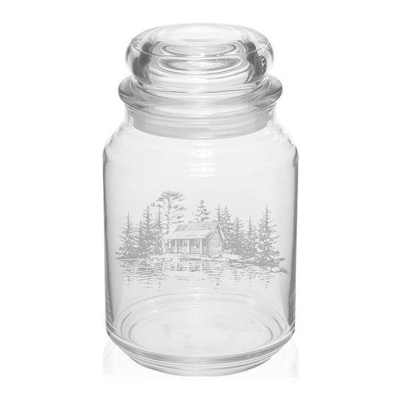 26 oz Glass Candy Jar Apothecary Storage Jar Gift Lake Edge Cabin In Forest Trees