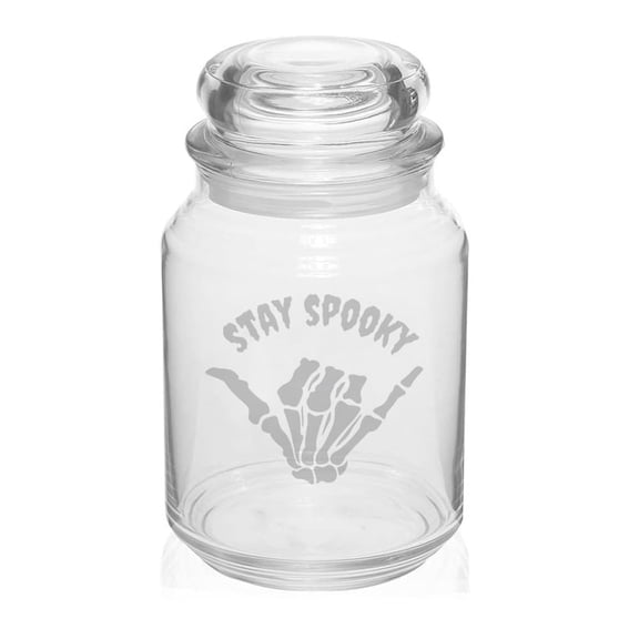 26 oz Glass Candy Jar Gift Stay Spooky Skeleton Hand Halloween