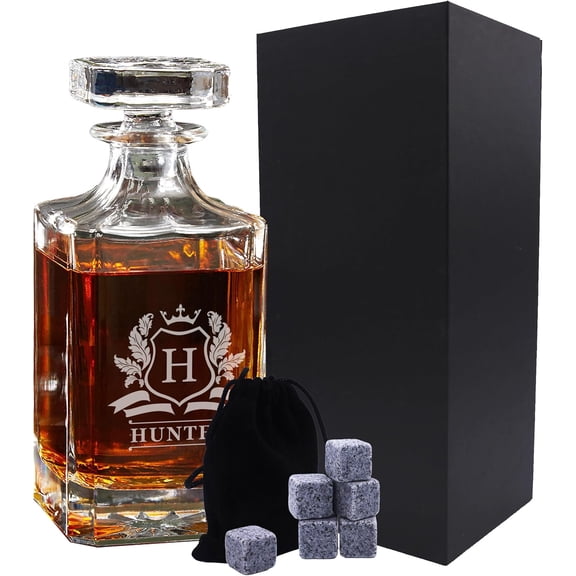 26 oz Glass Whiskey Decanter with Lid and Stopper - Engraved with Name (Cavalier Design)