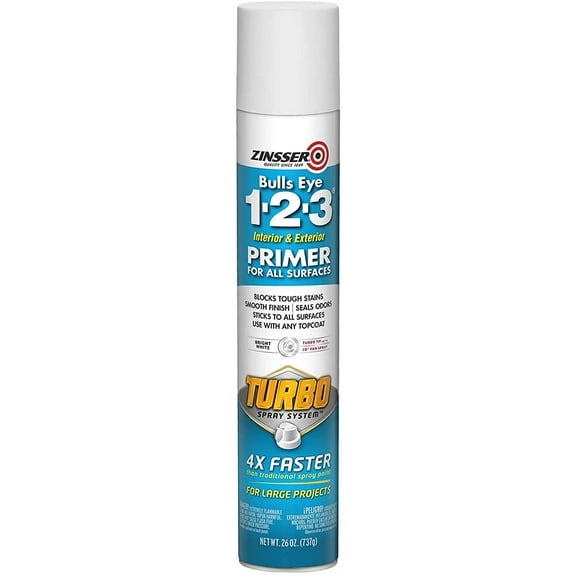 26 oz Zinsser 343746 White Bulls Eye 1-2-3 Interior and Exterior Primer Turbo Spray
