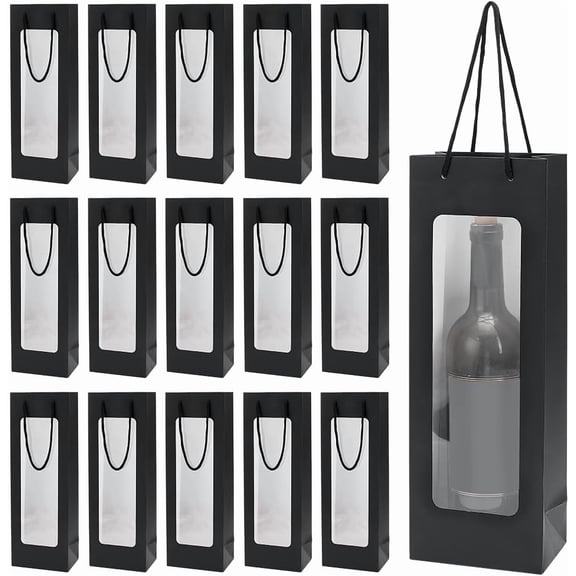 26 pcs Wine Bottle Gift Box with Window Paper Wine Gift Tote Bags with Visible Window Rectangle Black Windows Wines Bags