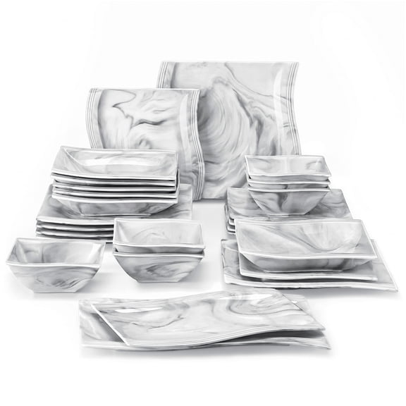 26-piece Marble Grey Square Dinnerware Sets Flora Porcelain Dinner Set For 6 Service 6wave & Dishwasher Safe Bpa Lead Cadmium Free