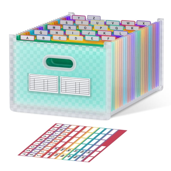 26 pocket accordion file organizer, upright expanding folder with A to Z colorful tabs, open top design for letter A4 documents, home office essentials, green