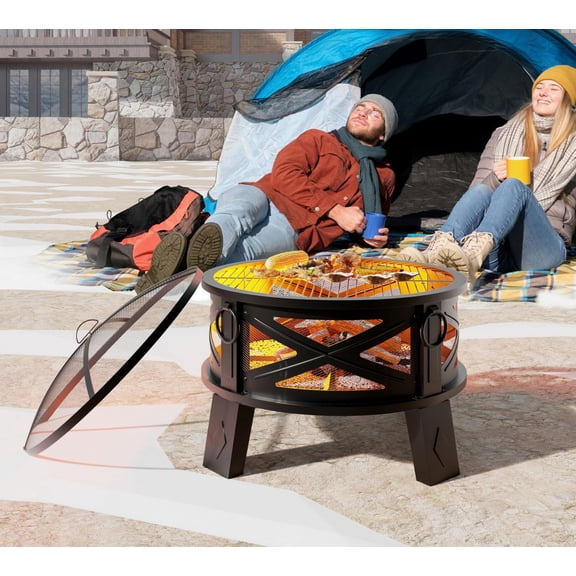 26"steel Pit With Grill Grate&spark Screen 360° Airflow Boost Technology Less Smoke Larger Flames Heavy-duty Portable Camping For Backyard Beach Rv (22lbs 4 Handles Dual-use)