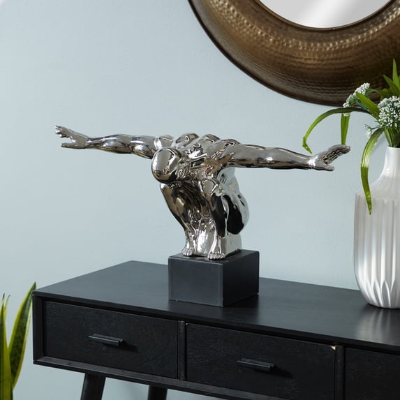 26" x 15" Silver Polystone Diver Sculpture, by DecMode