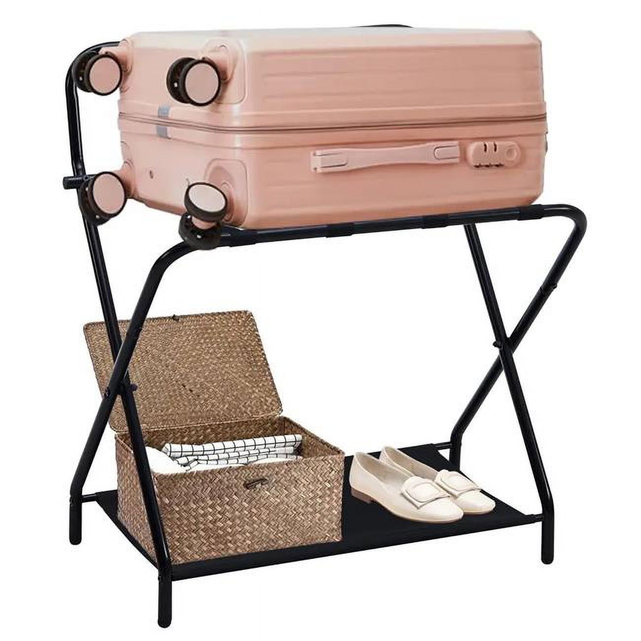 Black Metal Folding Luggage Rack with Fabric Shelf