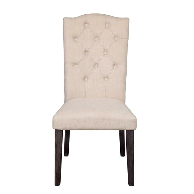 High-Back Beige Linen & Weathered Espresso Wood Side Chair Set