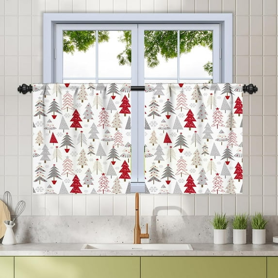 26 x 24 Inch Christmas Tree Cafe Small Window Curtains for Kitchen Bathroom Red Gray Cedar Pine Half Window Curtains Forest Snowflakes Rod Pocket Back Tab Curtains Winter Home Decor 2 Panels